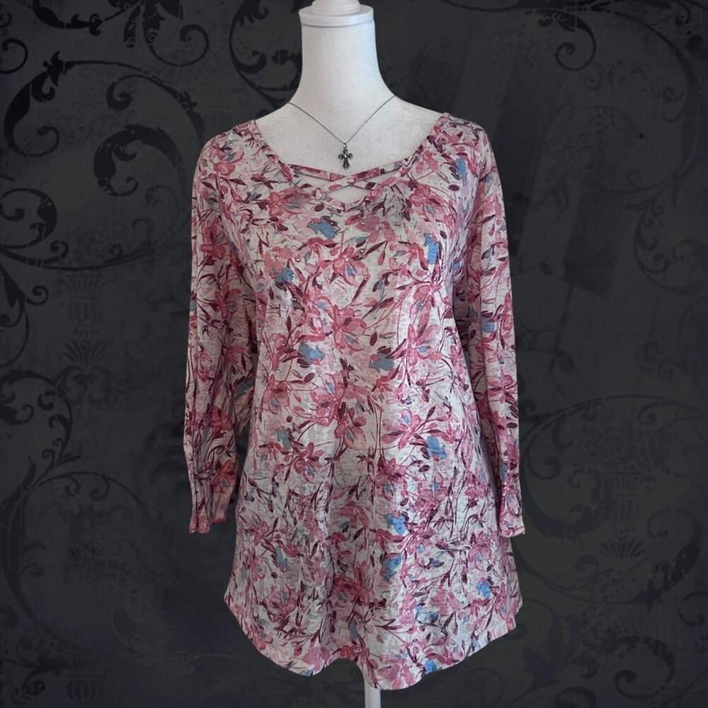 watercolor floral branch dusty pink and fairy light blue boho embellished top